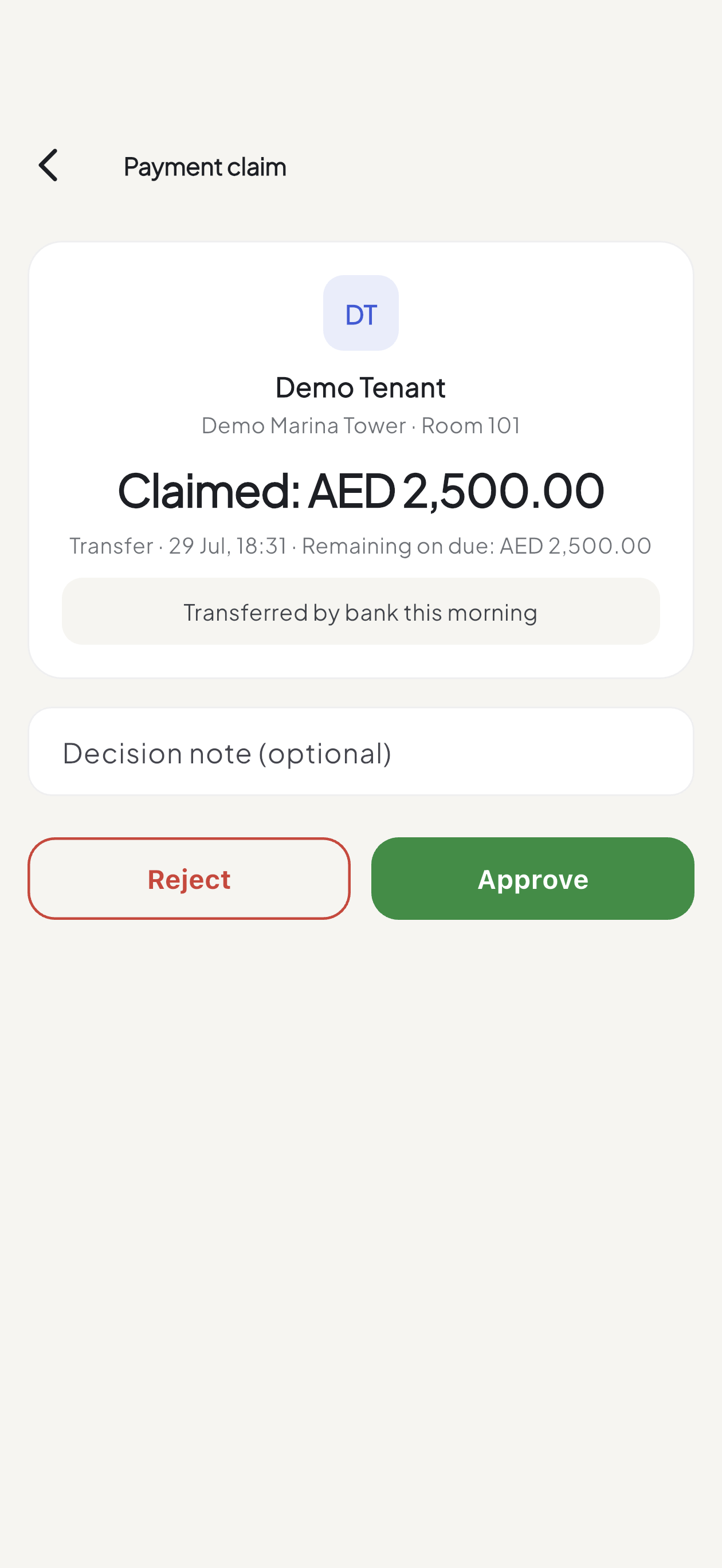 Splitlet landlord payment-claim review with tenant, amount, note, approve and reject actions