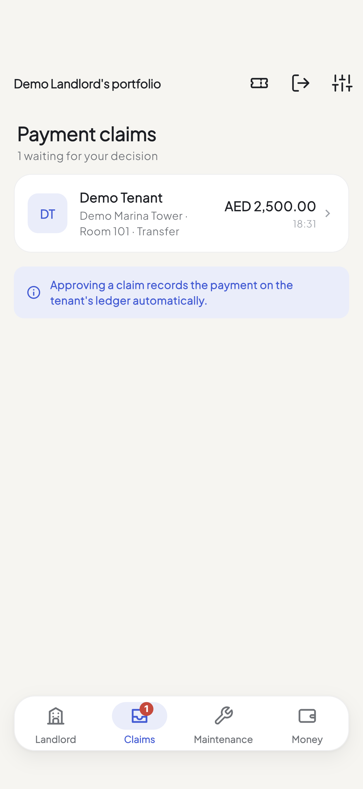 Splitlet landlord payment-claims inbox showing one tenant transfer waiting for a decision
