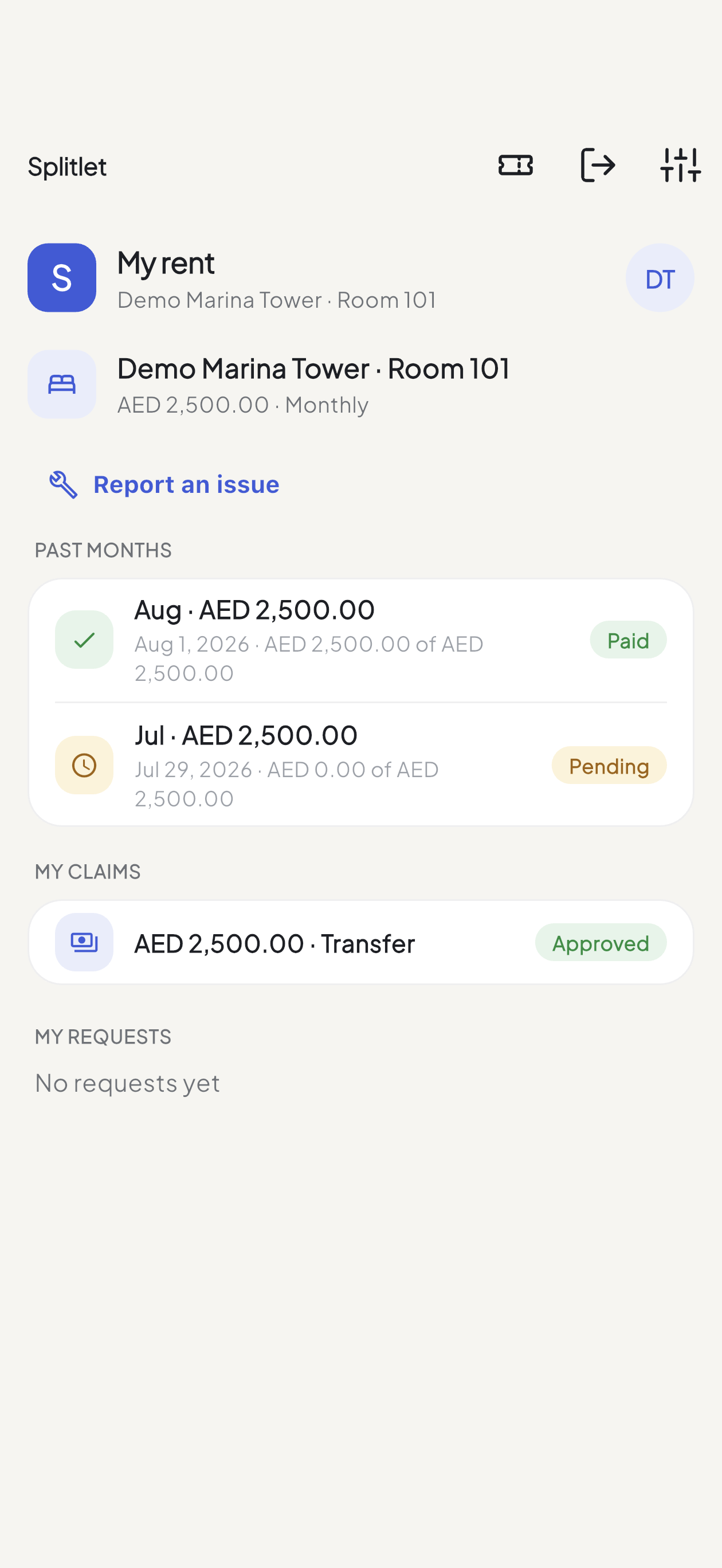 Splitlet tenant rent screen showing the due paid and the payment claim approved