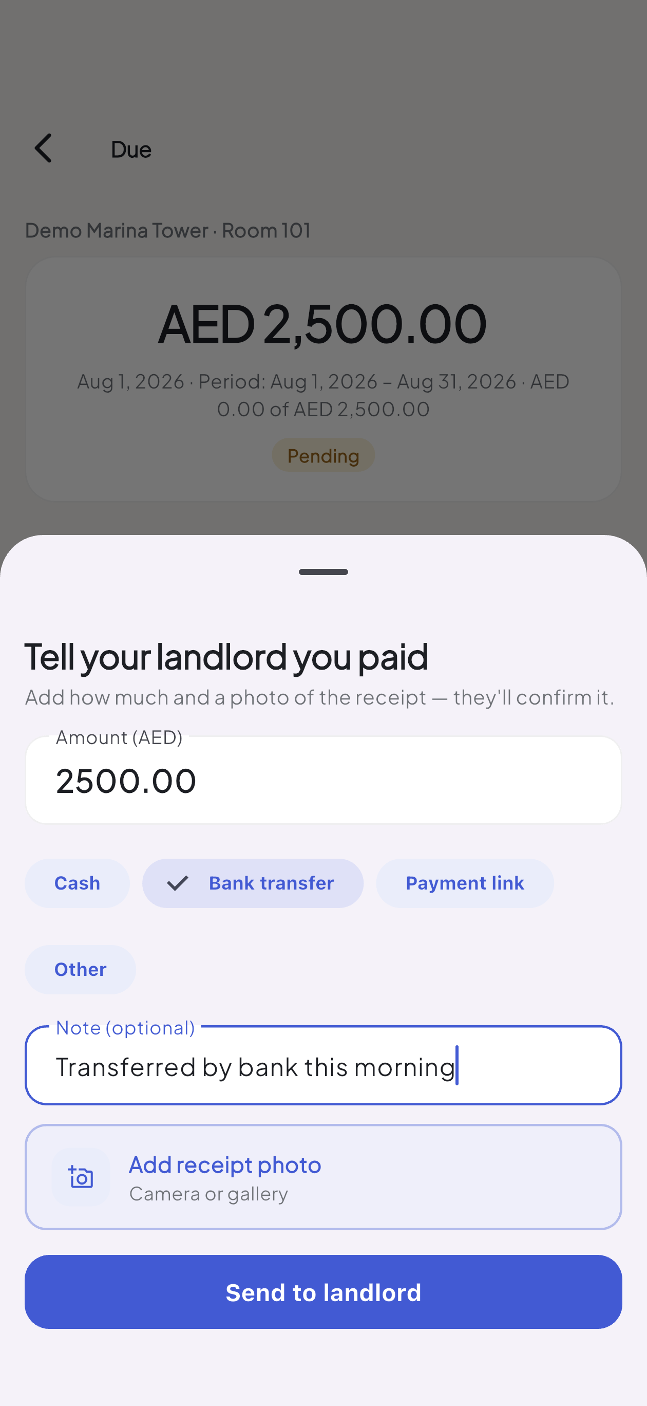 Splitlet tenant payment-proof sheet with amount, bank-transfer method, note and send button