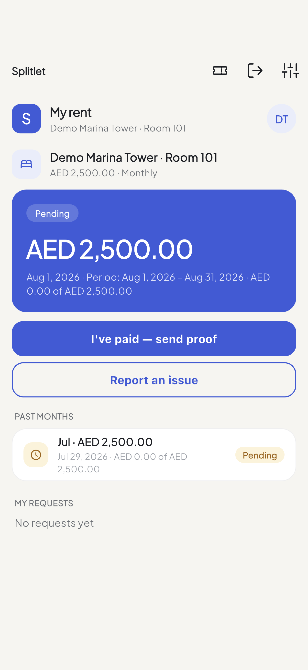 Splitlet tenant rent overview showing a pending AED rent due and the send-proof action